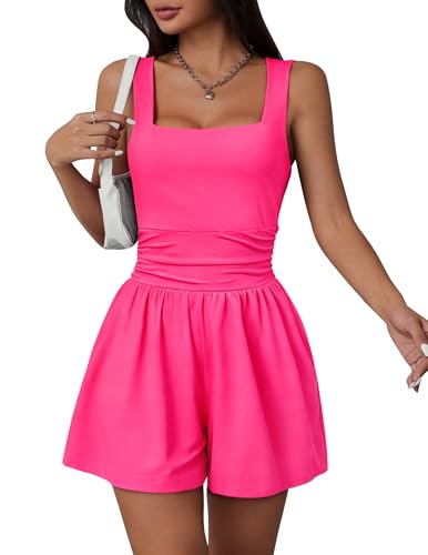 LOOKBOHO Women's Summer Rompers Dressy Casual Square Neck Sleeveless Shorts Bodycon Jumpsuits 2025 One Piece Outfits Pink L