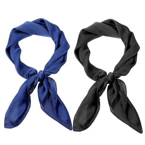 2PCS Headscarf for Women's Hair, 27.55x27.55 in, Scarf Satin Square Neck Head Scar, Solid Color Hairs Scarves for Women, Scarf Headband(Black, Navy Blue)