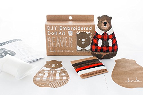 Image of Kiriki Press DIY Embroidery Doll Kit - Skill Level 3 - Beginner to Advanced Embroidery Kits for Adults Teens (3 Skill Levels) Animal Embroidery Kit - Screen Printed Pattern (Beaver - Level 3)