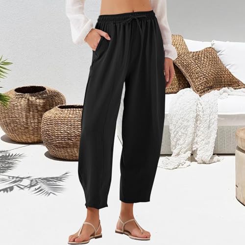 Linen Pants Women Summer Drawstring Elastic High Waisted Solid Loose Fit Wide Leg Baggy Harem Pants with Pockets3