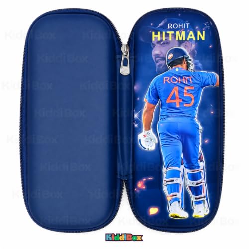 Image of KiddiBox Rohit Sharma Pencil Box | Durable Geometry Box for Kids, Anime Pencil Pouch Boys & Girls | Large-Capacity Anime Stationery Pouch | School, Travel & Gift Organizer | Blue