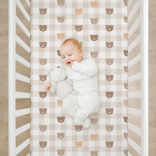 Image of 4 Pack Teddy Bear Crib Sheet Set for Boys or Girls, Neutral Soft Breathable Fitted Checkered Crib Sheet, Bear Nursery Decor for Standard Crib and Toddler Bed Mattresses 28 x 52 in