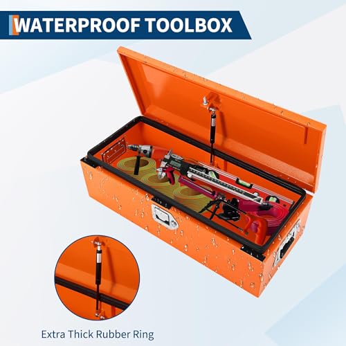 Powder-Coated Black Steel Truck Bed Tool Box - Heavy Duty Diamond Plate Storage Chest with Side Handles & Lock - Durable Metal Toolbox for Pickup, Trailer, RV, Mechanic Workshop - 20×12×9.6 in, Orange by MOVECOM - Used condition - Image 3