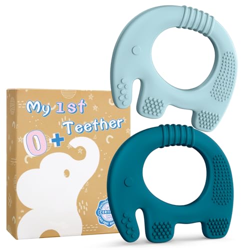 Beißring Baby- 2 Stück Babyspielzeug Zahnungshilfe, Geschenk aus Silikon, BPA-frei, Tiermotive, Zahnen & Greifring für Baby - Sicheres Beißspielzeug (Blau 2pc)