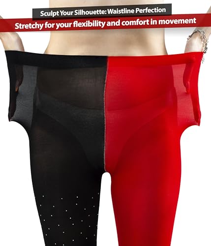 Image of Dual-Tone Semi-Opaque Tights: Black and Red High-Waisted Pantyhose with Sparkling Rhinestones Along Black Side - Size S-L, Glamorous Rhinestone Tights