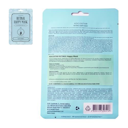 Kocostar Retinol Happy Mask – Pack de 4 mascarillas faciales coreanas antiedad con Retinol y Niacinamida, aptas para pieles sensibles - imagen 2
