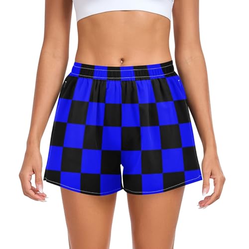 EtherSpher Buffalo Plaid Check Black Blue Womens Athletic Shorts with Pockets Girls Summer Outfit for Biking Surfing Vacation Swim Party Short deportivos para Mujer L