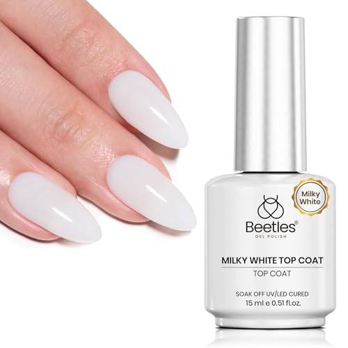 Beetles Milky White Gel Top Coat 15ML - 2-in-1 No Wipe Top Coat Gel Nail Polish Non Yellowing White Shine Finish and Long Lasting Soak Off UV LED Nail Lamp Nails Art Design Manicure Gifts for Women