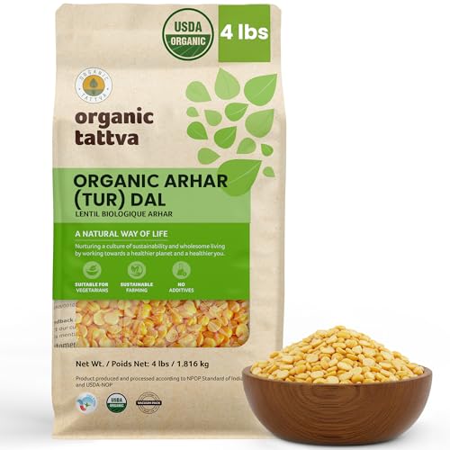 Organic Tattva Toor Dal (4 lbs) - Unpolished Organic Tur Dal (Arhar) - Nutritious & Rich in Taste - Dried Yellow Split Peas - All-Natural Plant-Based Protein - USDA Certified