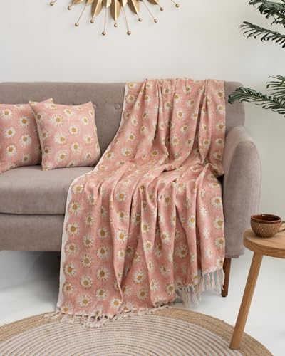 Image of Cotton Sofa Throw Floral Printed, Pink Couch Cover, 177.8 x 127 cm or 50x70 Inch (Sunflower Daisy Print)