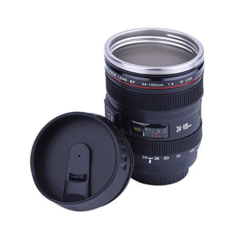 Splend Camera Lens Coffee Mug,Lens Cups Stainless Steel Tumbler Leakproof Travel Mug Tea Water Bottle with Lid and Spoon(Five Dynasties-(Black))