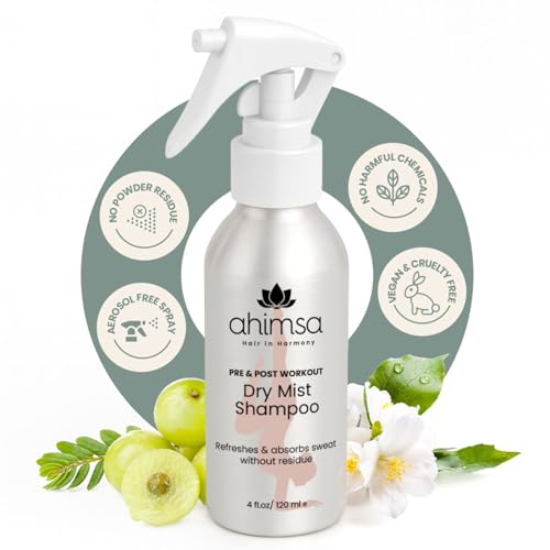 Ahimsa Post-Workout Hair Refresh Mist - Non-Aerosol Liquid Dry Shampoo, No White Residue, and Vegan – After Workout Hair Refresher for Sweat & Odor with Essential Oils, Jasmine Scent (4oz)