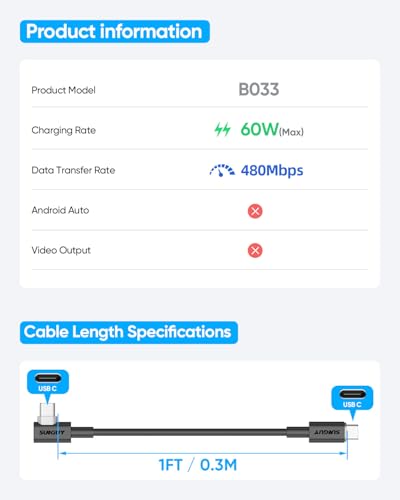 SUNGUY USB C to USB C Cable 1FT [2Pack], Right Angle 90 Degree Type C to C 60W PD Fast Charge Compatible for Samsung Galaxy S21 S20 S10, MacBook Air/Pro, iPad Pro 2020, Pixel 4/3 XL