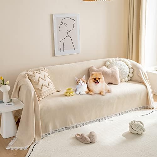Couch Cover for Dogs Cats Pets Children Kids Chenille Sofa Covers for 3 Cushion Couch 71'' X118'',Non-Slip Soft Sectional Sofa Slipcover Universal Furniture Protector with Lace, Apricot White/Beige