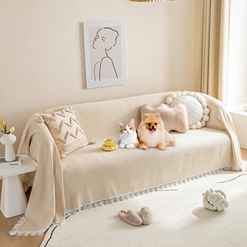 Couch Cover For Dogs Cats Pets Children Kids Chenille Sofa Covers For 3 Cushion Couch 71'' X118'',Non-Slip Soft Sectional Sofa Slipcover Universal Furniture Protector With Lace, Apricot White/Beige #TOP5