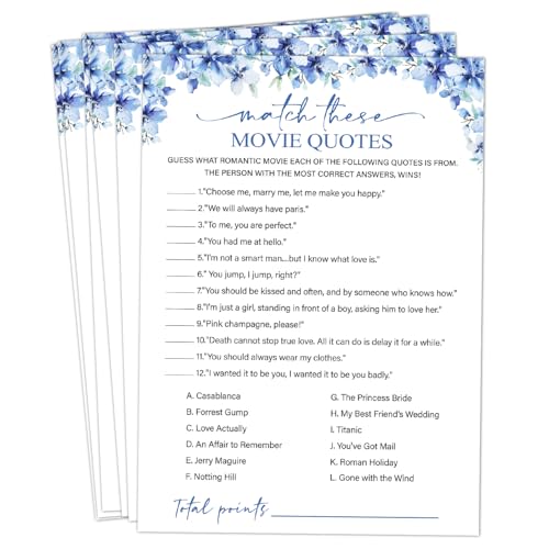 Image of Match These Movie Quotes Bridal Shower Games, 25 Blue Floral Bridal Shower Game Cards & 1 Answer Card, Engagement Party Game for Guests, Wedding Games for Reception, Marriage Party Supplies -15