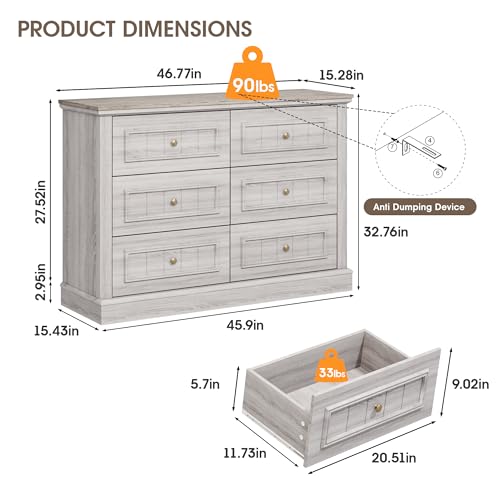 6 Drawer Wood Dresser for Bedroom and Closet with Gold Handles