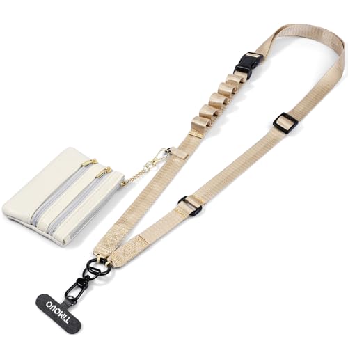 TiMOVO Clip and Go Phone Strap with Leather Wallet, Phone Lanyard Crossbody with Detachable Zippered Pouch Adjustable Strap for Phones, Khaki