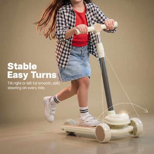 Image of Baybee Vector Baby Premium Kick Scooter for Kids with 4 Height Adjustable | Foldable Kids Scooter with RGB Light, Music | Skate Scooters with Rear Brake | Runner Scooters for Kid 2 to 10 Years (Beige)