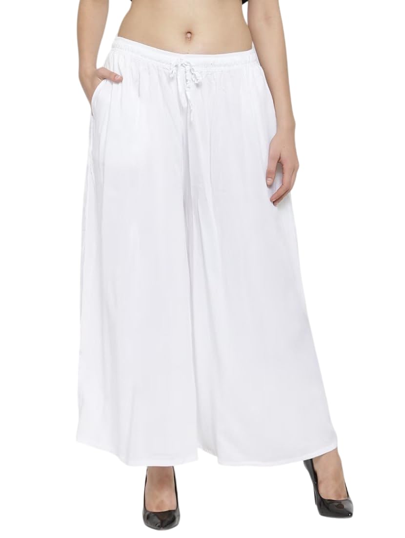 Women's Wide Leg Palazzo Pants, White, Drawstring Waist, Flared Style-picture-35