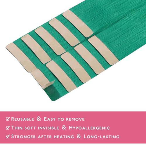 Image of WENNALIFE Tape in Hair Extensions Human Hair Green Tape in Extensions, 10pcs 30g 22 inch Remy Invisible Tape Ins Straight Colored Soft Real Human Hair Tape in Extensions Refill Set Extensions