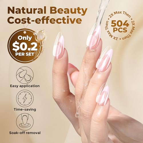 Image of UNA GELLA Almond Gel Nail Tips, 504PCS Pre Etched Clear Fake Nails Tips Medium Almond Shape - 12 Sizes Full Cover Soft Acrylic Press On Nail Extensions No C Curve Gift for Diy at Home