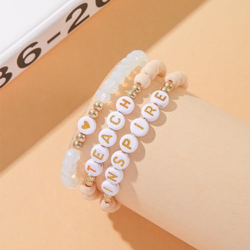 tenghong2021 Acrylic Bead Elastic Rope Beaded Bracelet for Women Handmade Wood Beaded Teacher Appreciation Strand Bracelets Teach Inspire Beaded Teacher Bracelets for Women Gifts Jewelry - Image 4