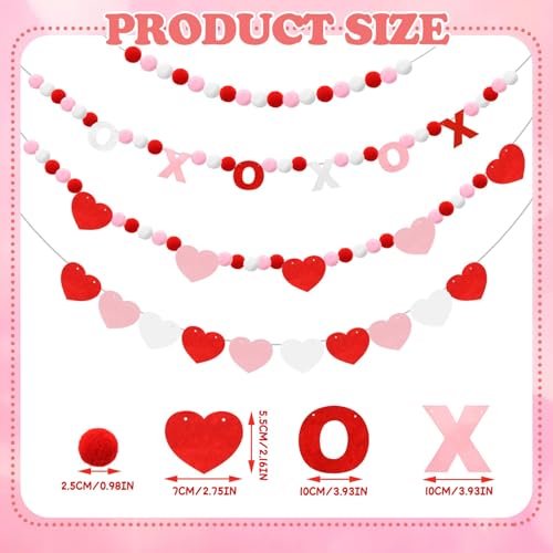 Image of 4 Pcs Valentine's Day Heart Felt Banner Pink XOXO Felt Banner Valentines White Pom Pom Ball Garland Valentine's Day Heart Pompom Hanging Banner Hanging Garland for Home Party Favors
