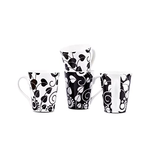 Image of Dandy Lines Conical with Black and White Leaves, Ceramic Coffee Mug Set, Pack of 4, Microwave & Dishwasher Safe, Great for Home Use & Gifting