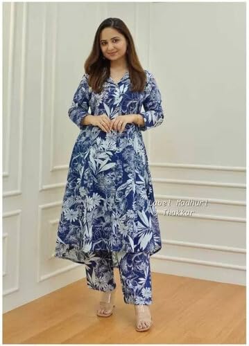 Image of Women's Cotton Kurta with Trousers Set, Floral Print, Regular Fit