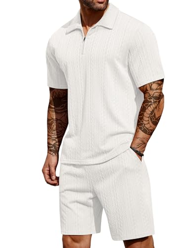 COOFANDY Men's White XL Classic Fit Modern Short Sleeve Solid Polo Shirt and Shorts Set Summer Outfits Fashion Casual Tracksuit