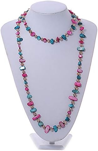 Avalaya Long Teal, Magenta Shell/Light Beige Glass Crystal Bead Necklace - 115cm L, beige, teal, fuchsia - Image 3