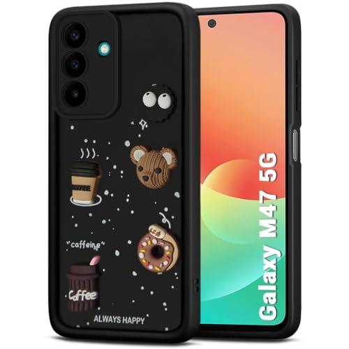 Image of Bintage Back Cover Compatible for Samsung Galaxy M47 5G | Cute 3D Taddy Ball Bear Milk Cake Coffee Silicon Case Full Body & Camera Protection - Black