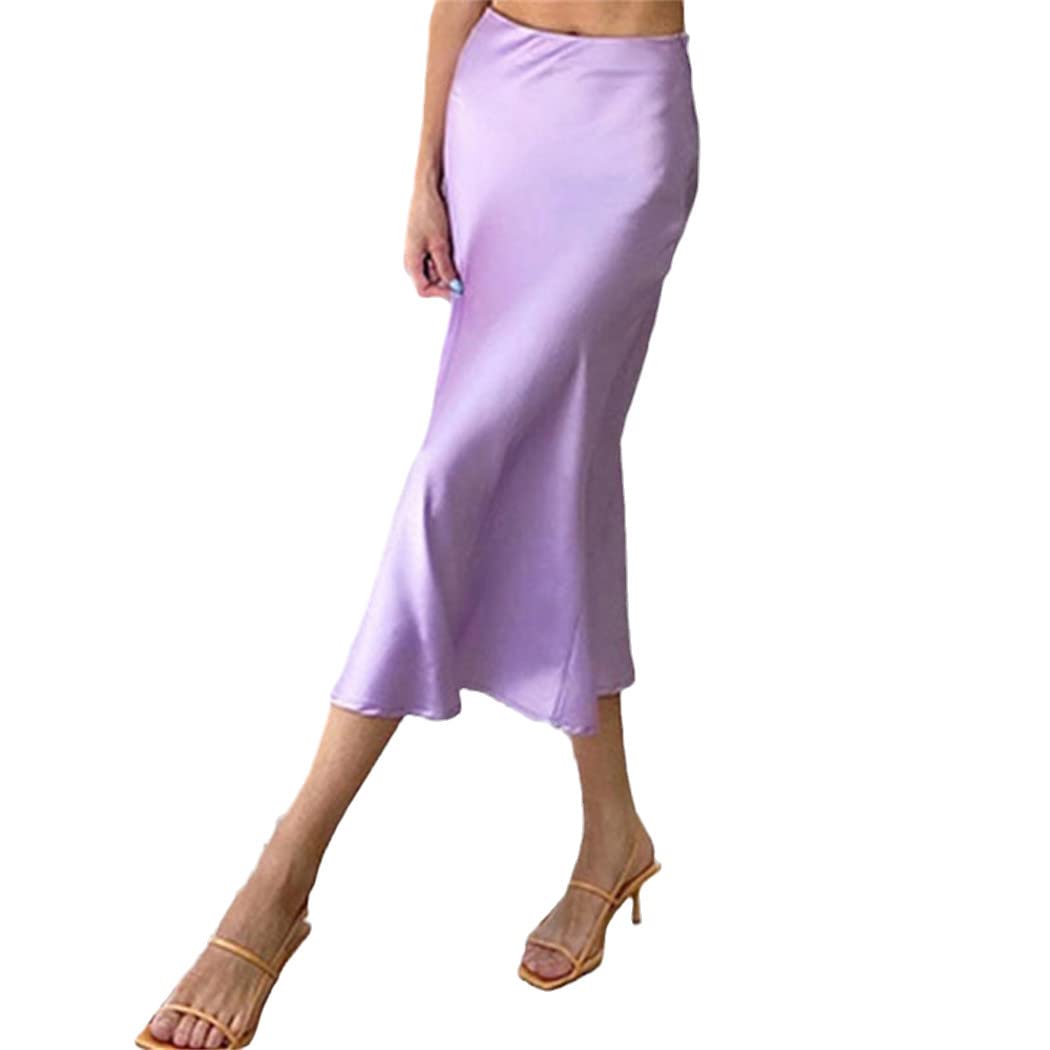 FULBHPRINT Estate Ufficio Signora Minigonna Casual Vita Alta Seta Gonne Lunghe Donne Raso High Street Aderente Gonne, Lavanda, L