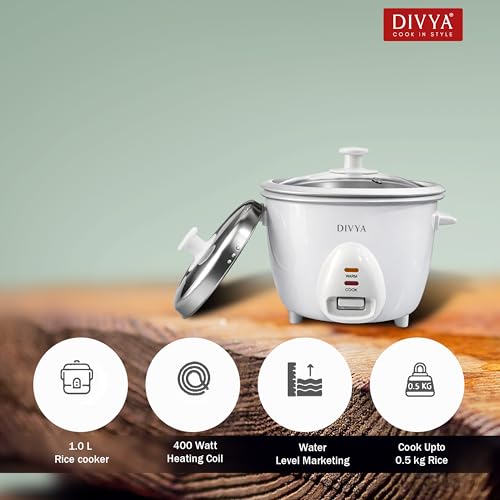 Image of DIVYA 1.0 L Drum Electric Rice Cooker for Home | 400 W | Double Pot Anodised Aluminium | Glass & Stainless Steel Lid | Cook & Keep Warm Function | Compact Rice Cooker | White