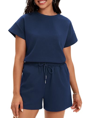 ONFERS Conjunto de 2 piezas para mujer, camiseta corta y pantalones cortos con cordón, conjuntos casuales de verano, Azul Real, M