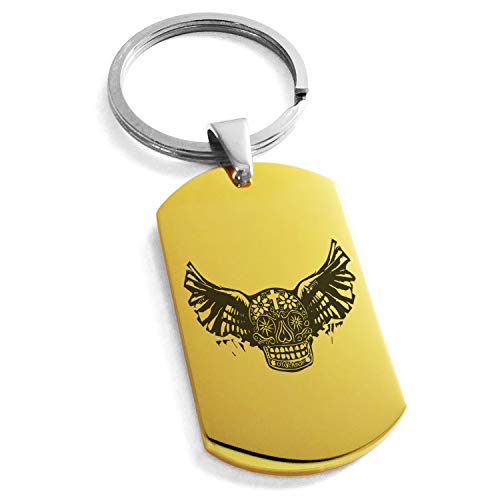 Stainless Steel Day of the Dead Winged Skull Symbol Dog Tag Keychain Keyring