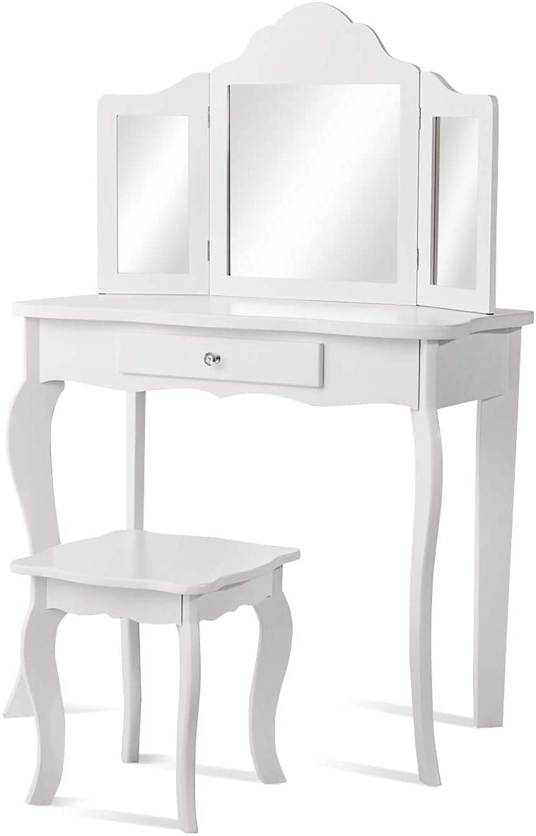 GOPLUS Tocador para Niñas con Espejo de 3 Persianas Plegables Ajustables, Parte Superior Extraíble, Tocador Infantil de Maquillaje para Niños, 70 x 34 x 100 cm (Blanco)
