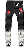 FREDD MARSHALL Men's Fashion Slim Fit Rose Embroidered Ripped Distressed Destroyed Washed Jeans,Blac