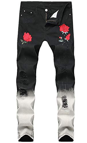 Fredd Marshall Men's Fashion Slim Fit Rose Embroidered Ripped Distressed Destroyed Washed Jeans,Black,32 #TOP9