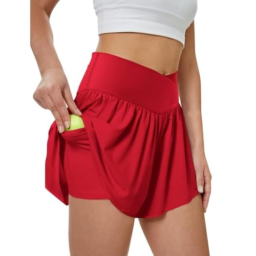 Women's Athletic Running Shorts with Pockets Crossover Butterfly Flowy Shorts Cute Summer Skorts Red Small
