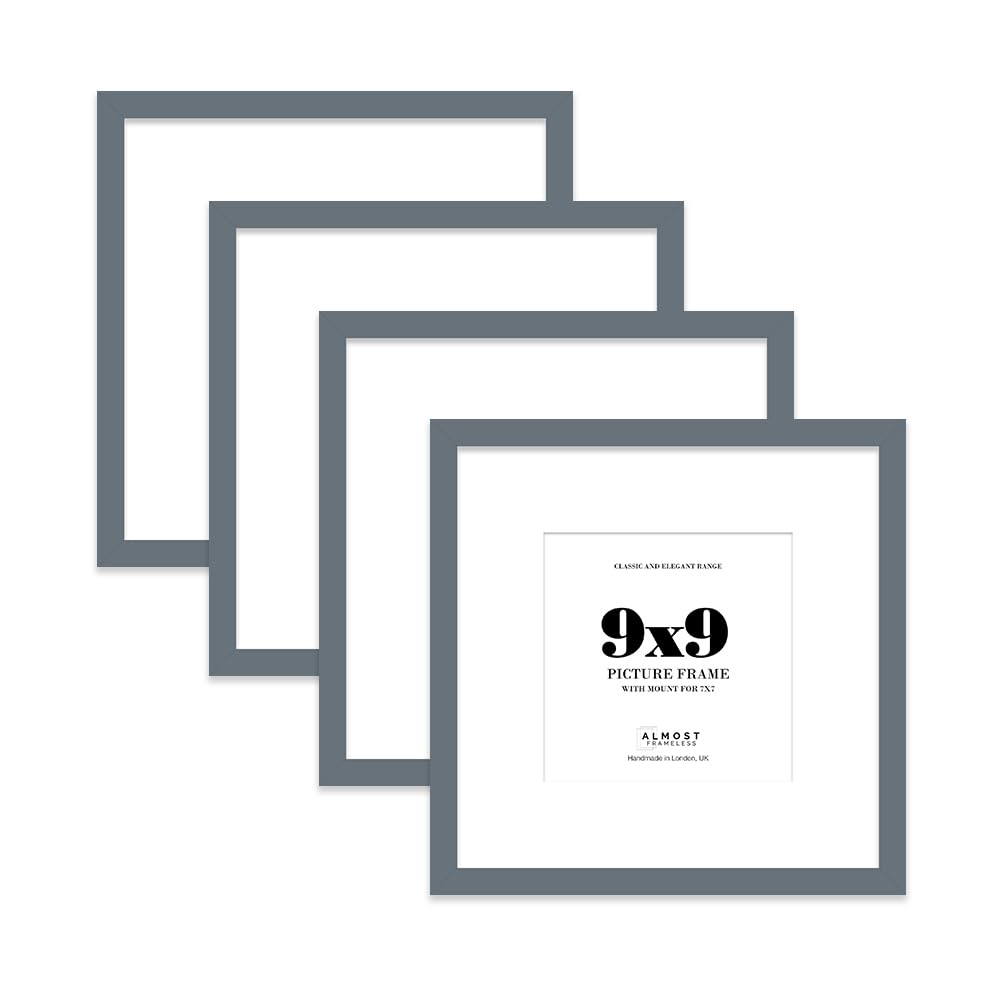 9x9 Grey Picture Frame with Mount for 7x7 Photos, Prints - Modern Square Wall Frame, Set of 4