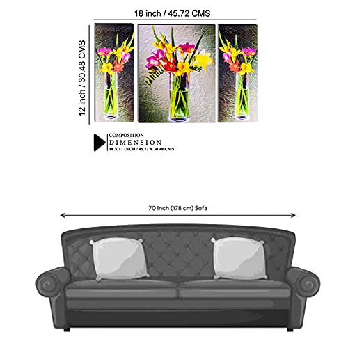 Image of Indianara Set of 3 Multicolored Flowers in a Pot MDF Art Painting (63 FL) without glass 4.5 X 12, 9 X 12, 4.5 X 12 INCH
