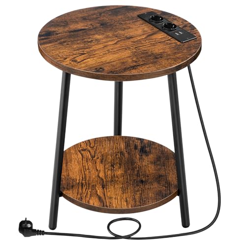 HOOBRO Beistelltisch mit Ladestation, runder Couchtisch mit 2 Ebenen, Wohnzimmertisch, Nachttisch für kleine Räume, Sofatisch für Wohnzimmer,...