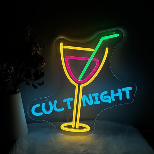 Image of Cult Night LED Neon Sign - 14.17x12.85 Inches, USB Powered, Dimmable with Remote Control, Perfect for Home Decor, Gaming Room, and Party Lighting