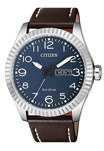 Herren Analog Eco-Drive Uhr mit Leder Armband Braun Zifferblatt Blau BM8530-11LE