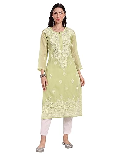 Image of Seva Chikan Hand Embroidered Lucknowi Chikankari Cotton Kurta Kurti for Women SCL4316