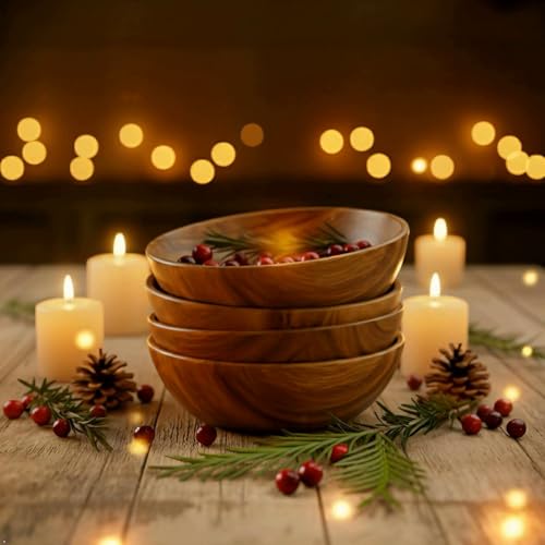 WRIGHTMART Wooden Salad Bowl Set – Set of 4 Acacia Wood 7” Wood Salad Bowls for Food, Rustic Handcrafted Kitchenware for Snacks, Fruit & Sides, Gift-Ready for Holidays & Housewarming