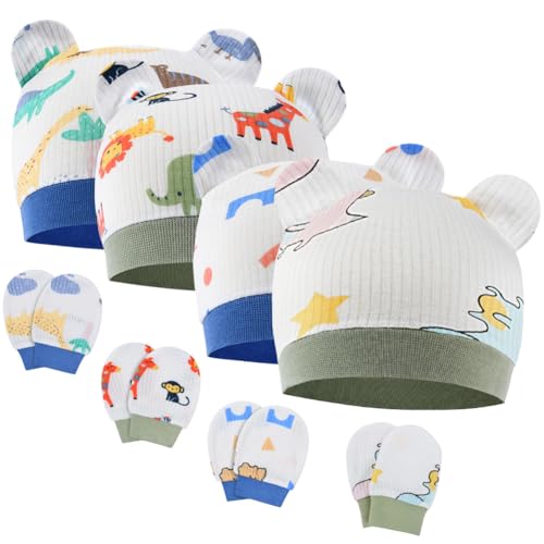 Aolso Neugeborenes Baby Mütze,8 Stück Baby Hut und Handschuhe Set, Baumwolle Baby Mütze, Baby Mütze Jungen Mädchen,Warme Babymütze für Neugeborenes-Blau + Grün