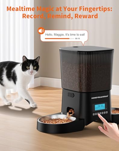 HoneyGuaridan Automatic Cat Feeder for 2 Cats, Automatic Cat Food Dispenser, Timed Pet Feeder for Cats and Dogs, Desiccant Bag, Programmable Portion Control,10s Voice Recorder